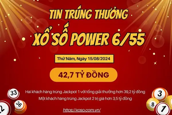 Vietlott Power 6/55 ngày 15/8: Hai vé trúng Jackpot 1 hơn 39,2 tỷ đồng