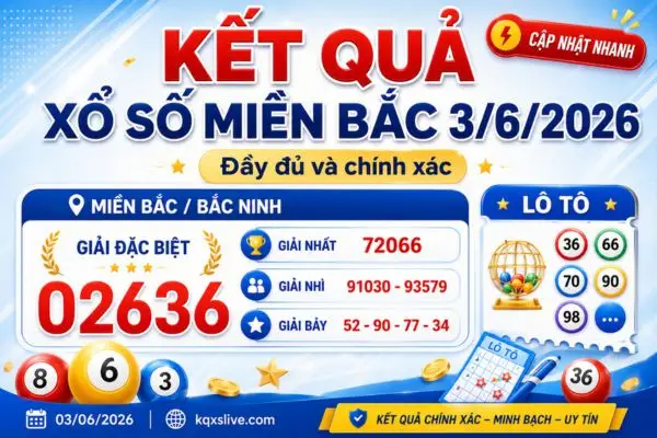 Kết quả xổ số miền Bắc 3/6/2026 đầy đủ và chính xác