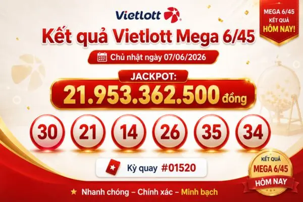 Kết quả Vietlott Mega 6/45 Chủ nhật ngày 07/06/2026
