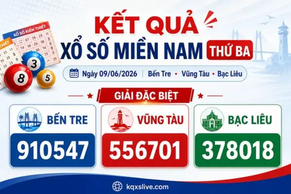 Kết quả xổ số miền Nam thứ ba ngày 09/06/2026: Bến Tre, Vũng Tàu, Bạc Liêu